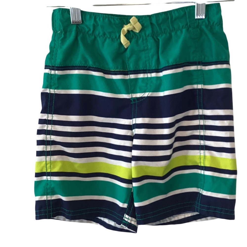 Carters Boys 5T Green Navy Striped Swim Trunks Board Shorts Mesh
